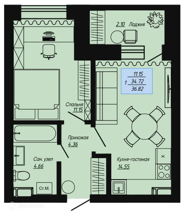 Планировка 1 комн. в ЖК Клевер