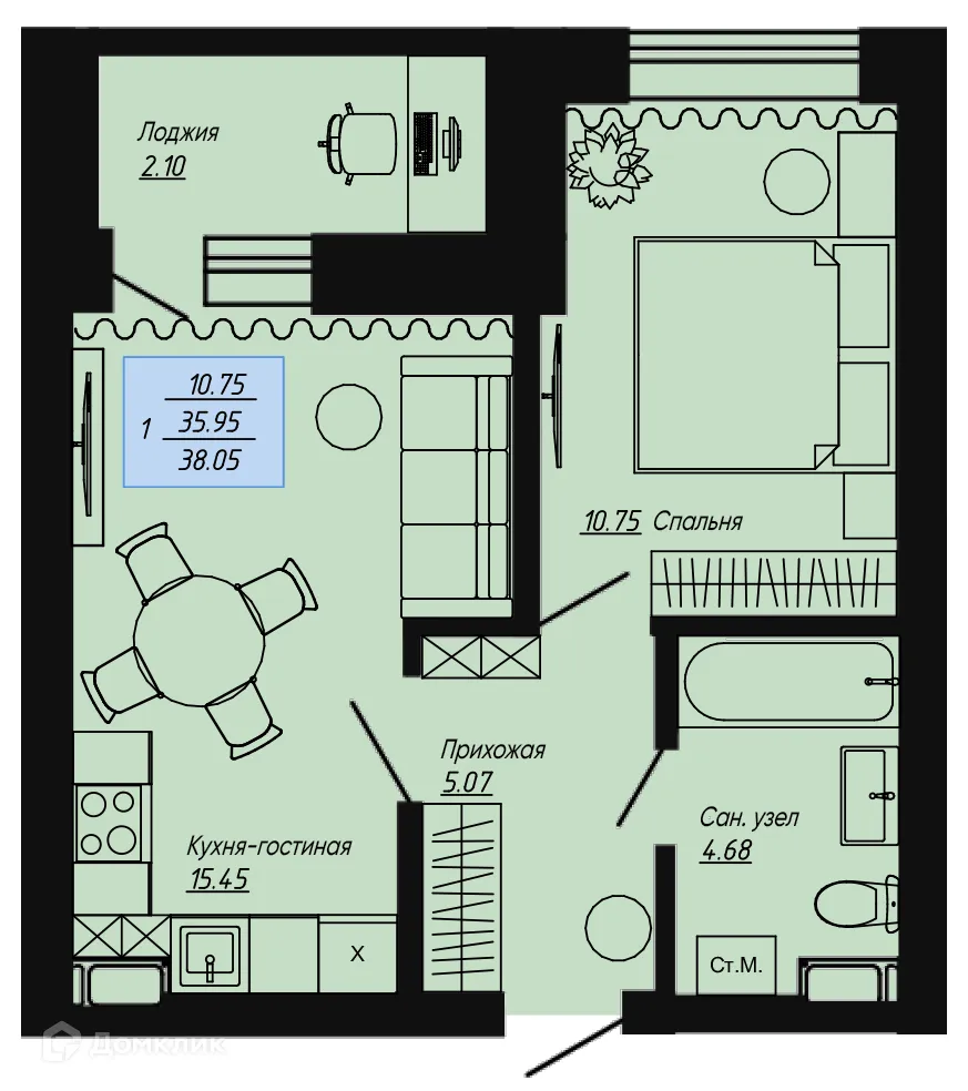 Планировка 1-комнатной квартиры 38.05 м² в ЖК Клевер, г. Волгоград — фото 1