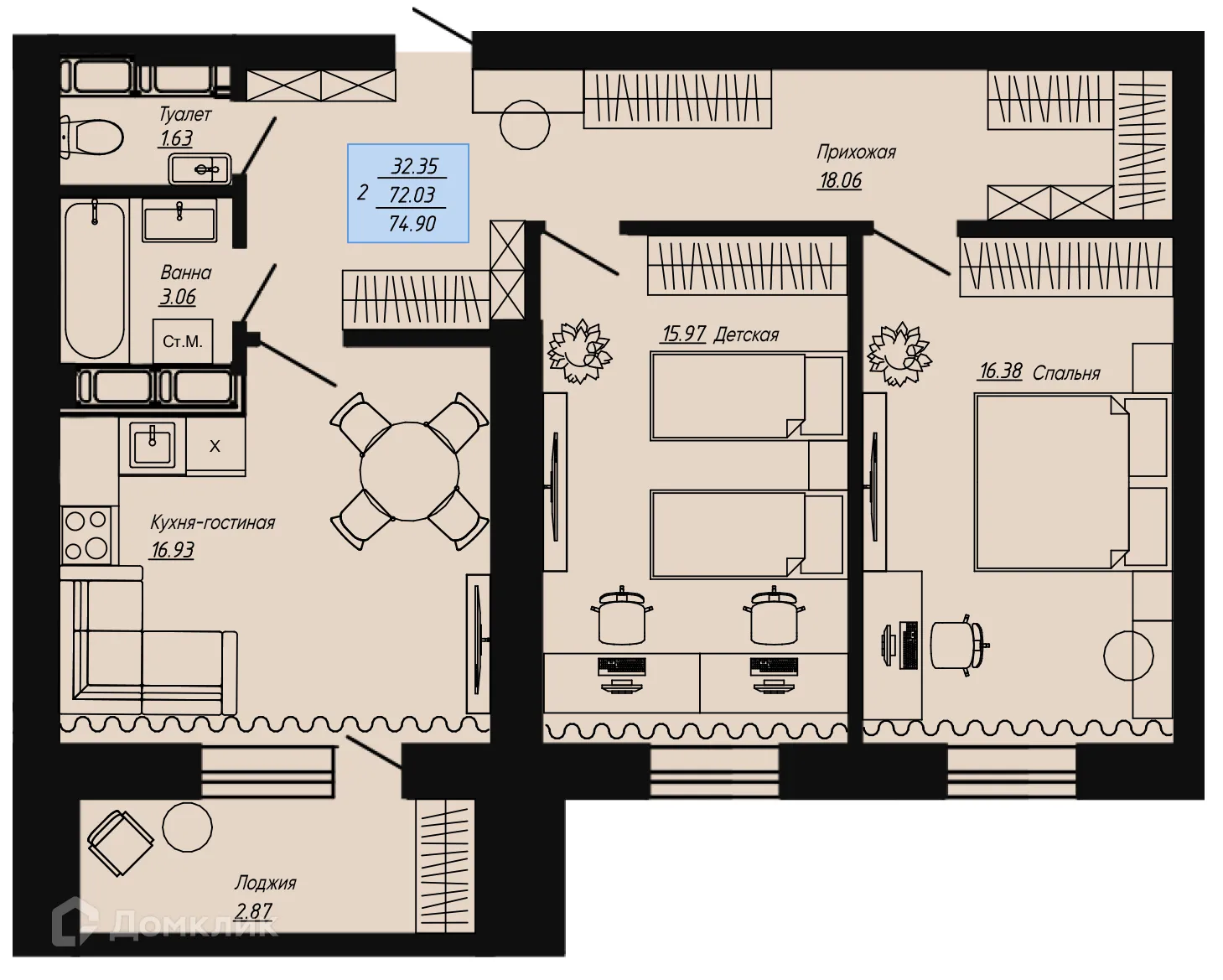 Планировка 2-комнатной квартиры 74.9 м² в ЖК Клевер, г. Волгоград — фото 1