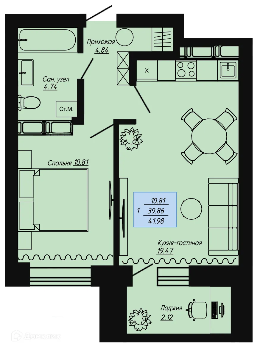 Планировка 1-комнатной квартиры 41.98 м² в ЖК Клевер, г. Волгоград — фото 1