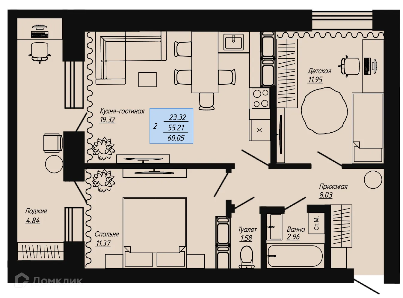 Планировка 2-комнатной квартиры 60.05 м² в ЖК Клевер, г. Волгоград — фото 1