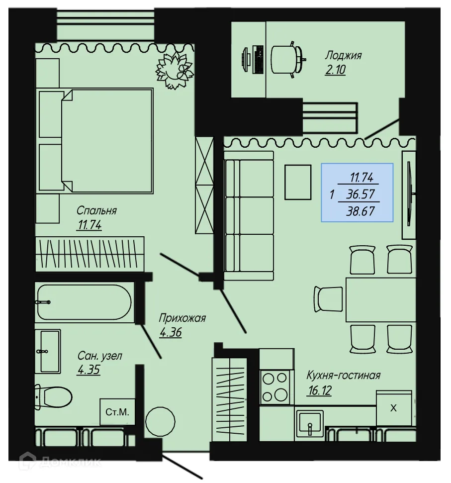 Планировка 1-комнатной квартиры 38.67 м² в ЖК Клевер, г. Волгоград — фото 1
