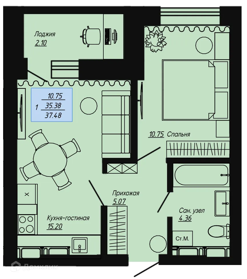 Планировка 1-комнатной квартиры 37.48 м² в ЖК Клевер, г. Волгоград — фото 1
