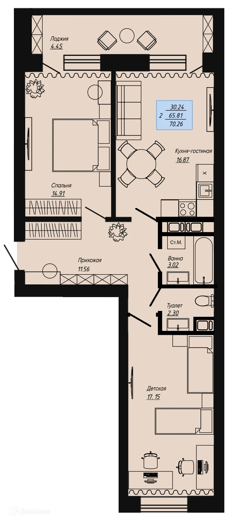 Планировка 2-комнатной квартиры 70 м² в ЖК Клевер, г. Волгоград — фото 1
