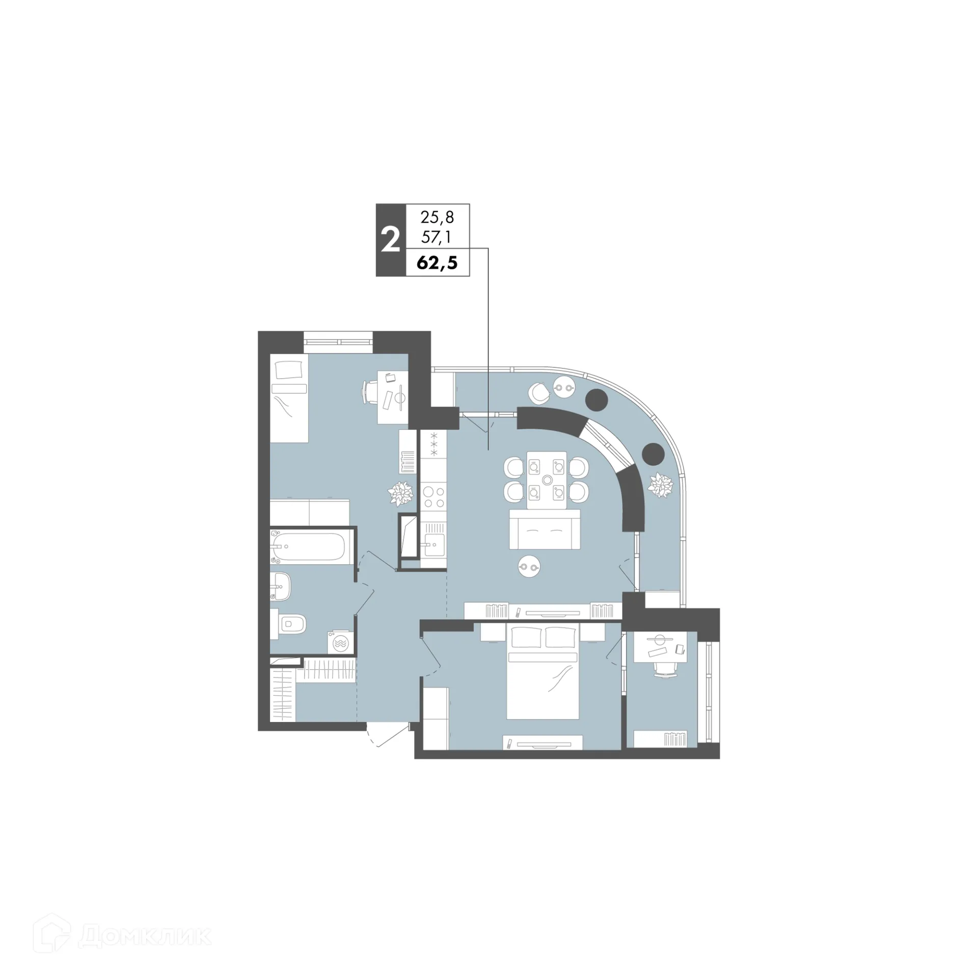 Планировка 2-комнатной квартиры 62.5 м² в ЖК Маяк на Двинской, г. Волгоград — фото 23