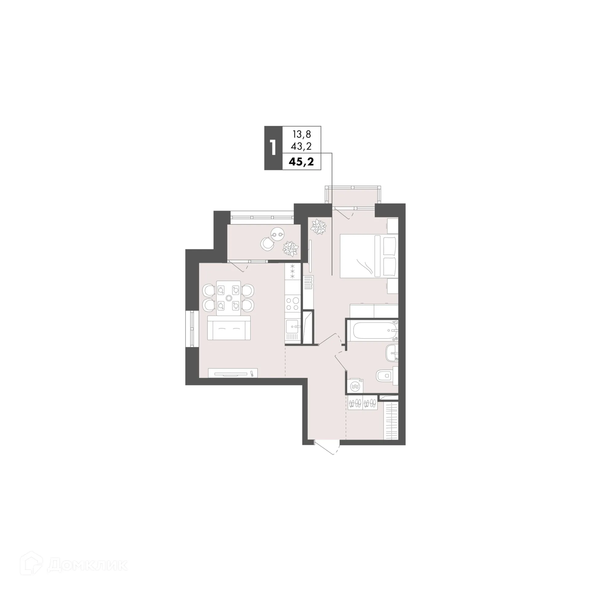 Планировка 1-комнатной квартиры 45.2 м² в ЖК Маяк на Двинской, г. Волгоград — фото 23