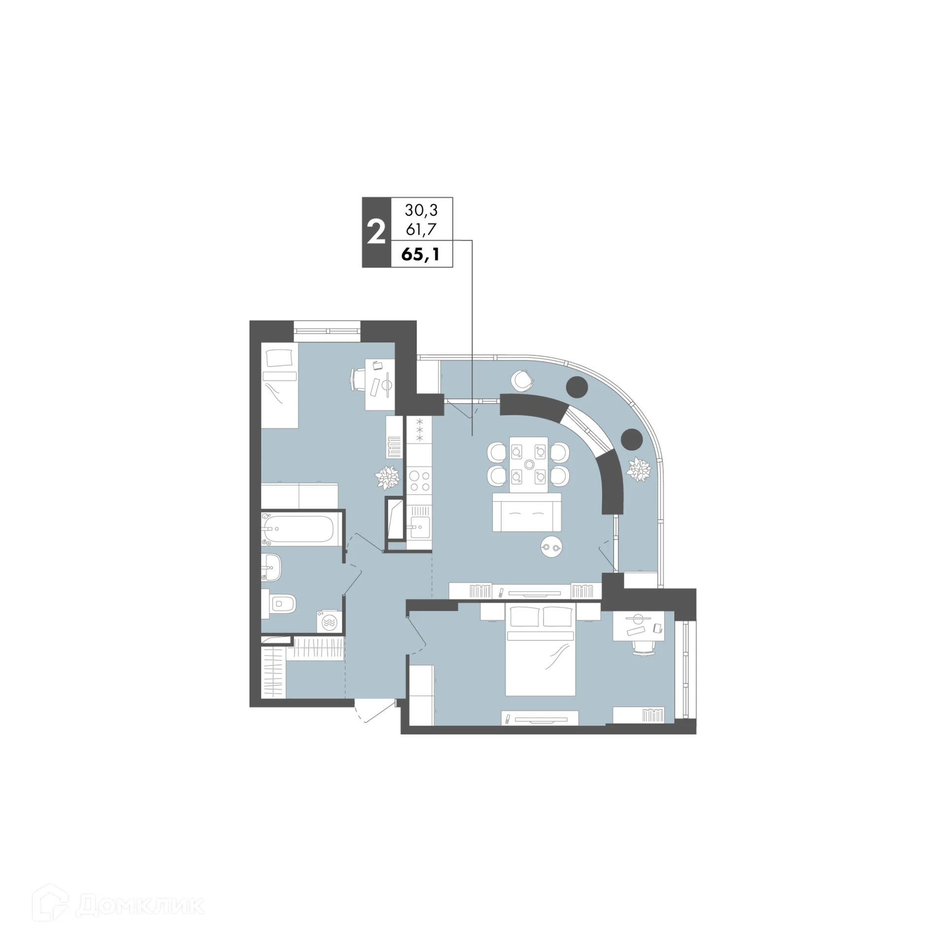 Планировка 2-комнатной квартиры 65.1 м² в ЖК Маяк на Двинской, г. Волгоград — фото 23