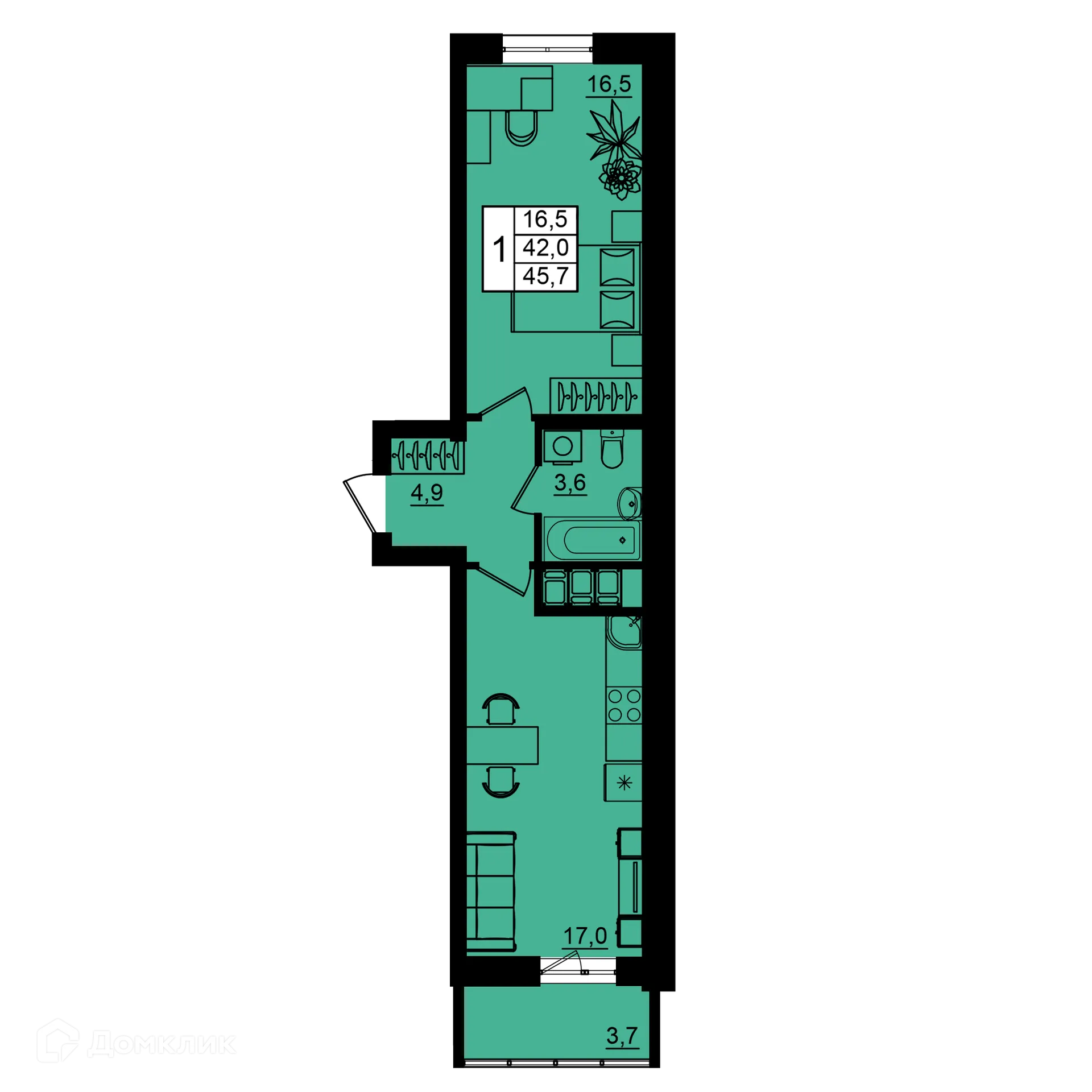Планировка 1-комнатной квартиры 45.7 м² в ЖК Рубин, г. Волгоград — фото 1