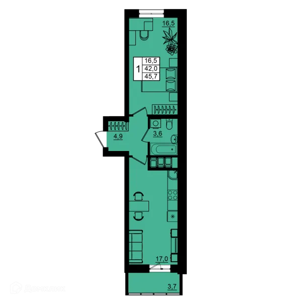 Планировка 1 комн. в ЖК Рубин