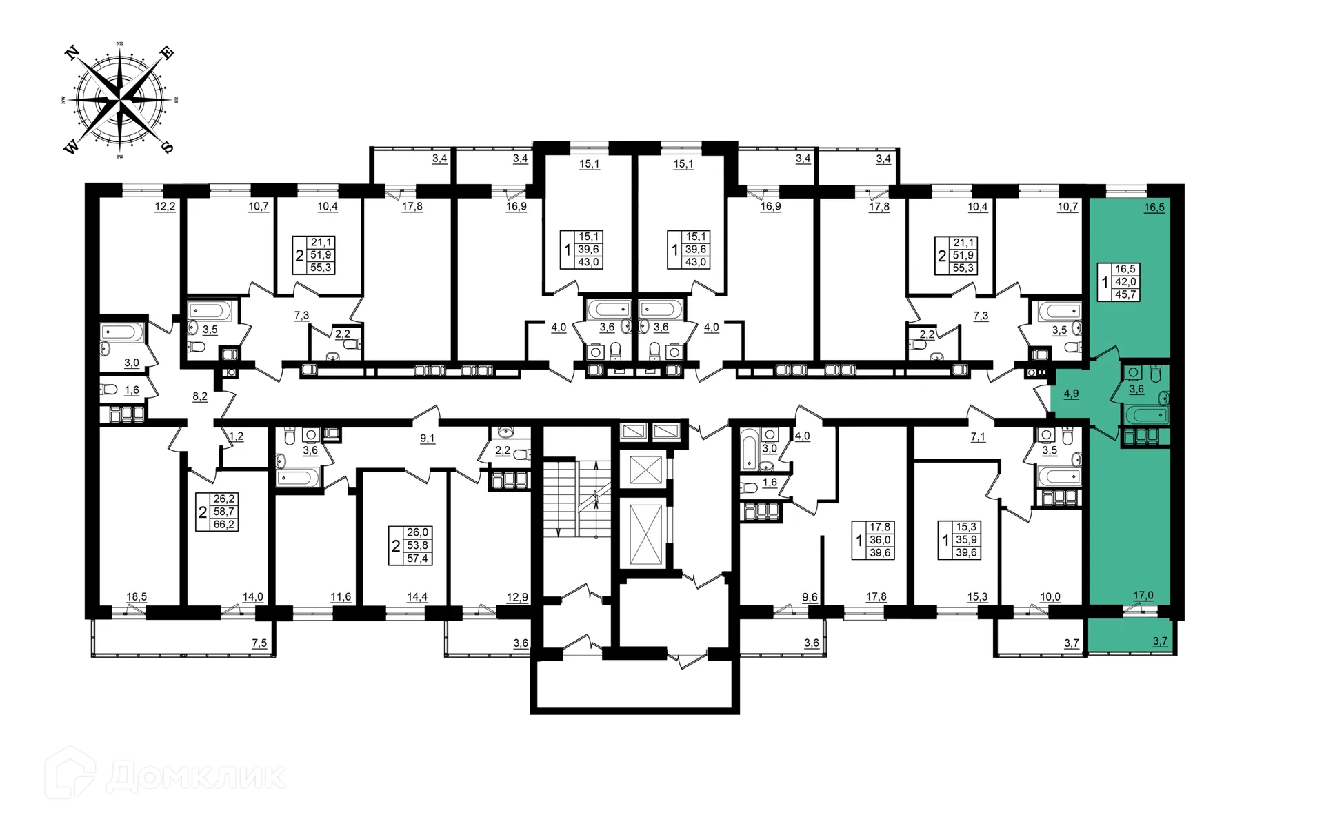 Планировка 1-комнатной квартиры 45.7 м² в ЖК Рубин, г. Волгоград — фото 2