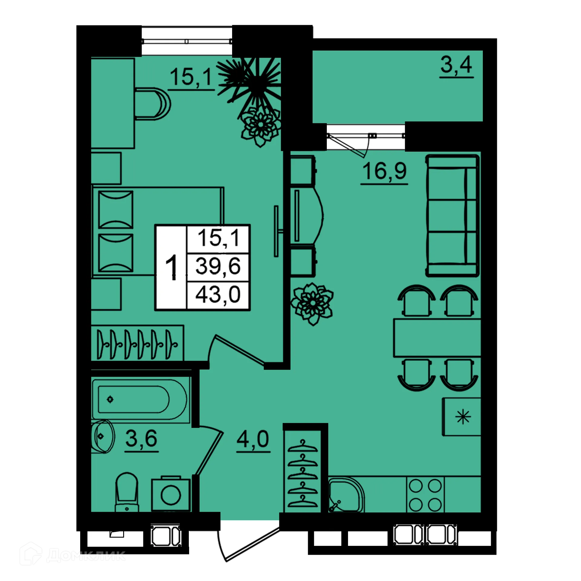 Планировка 1-комнатной квартиры 43 м² в ЖК Рубин, г. Волгоград — фото 1