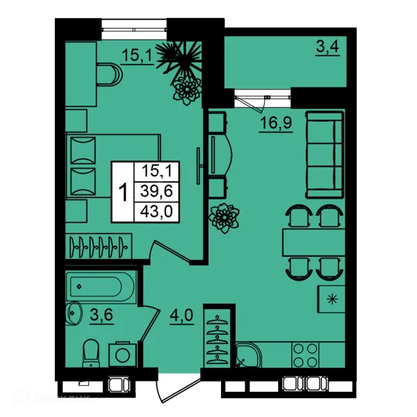 Планировка 1 комн. в ЖК Рубин