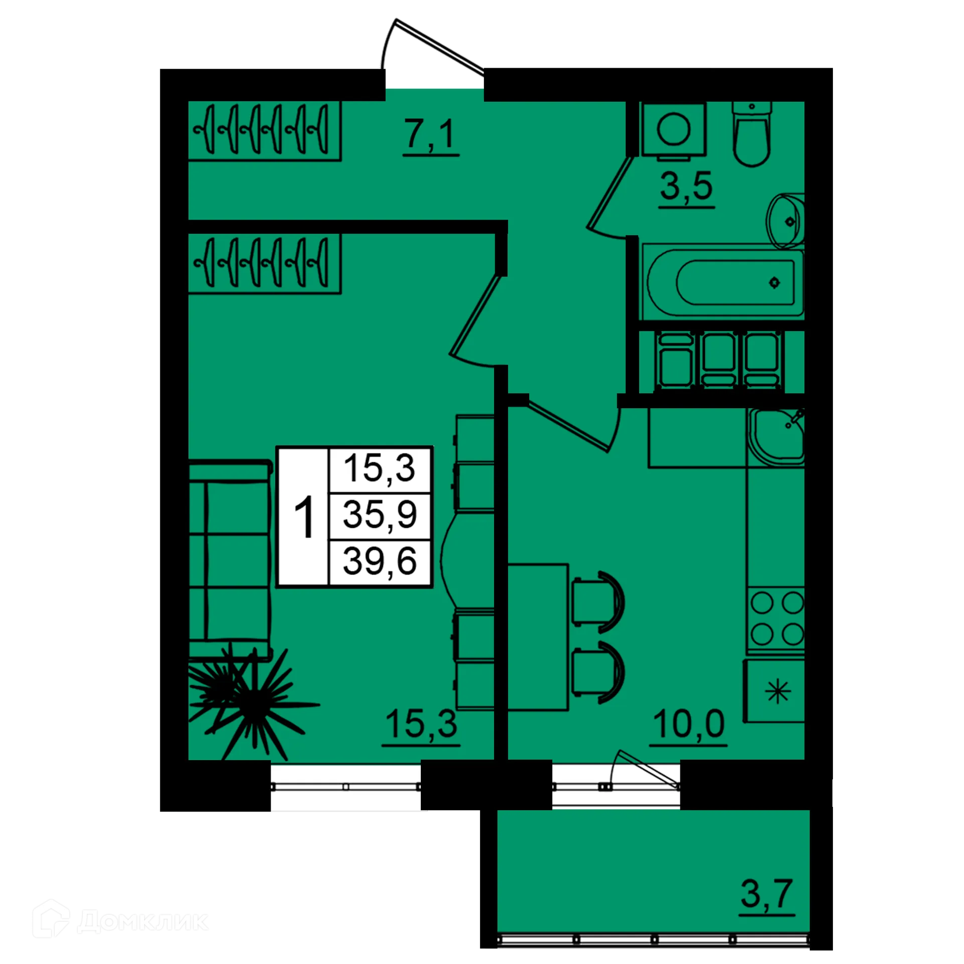 Планировка 1-комнатной квартиры 39.6 м² в ЖК Рубин, г. Волгоград — фото 1