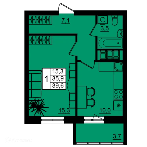 Планировка 1 комн. в ЖК Рубин