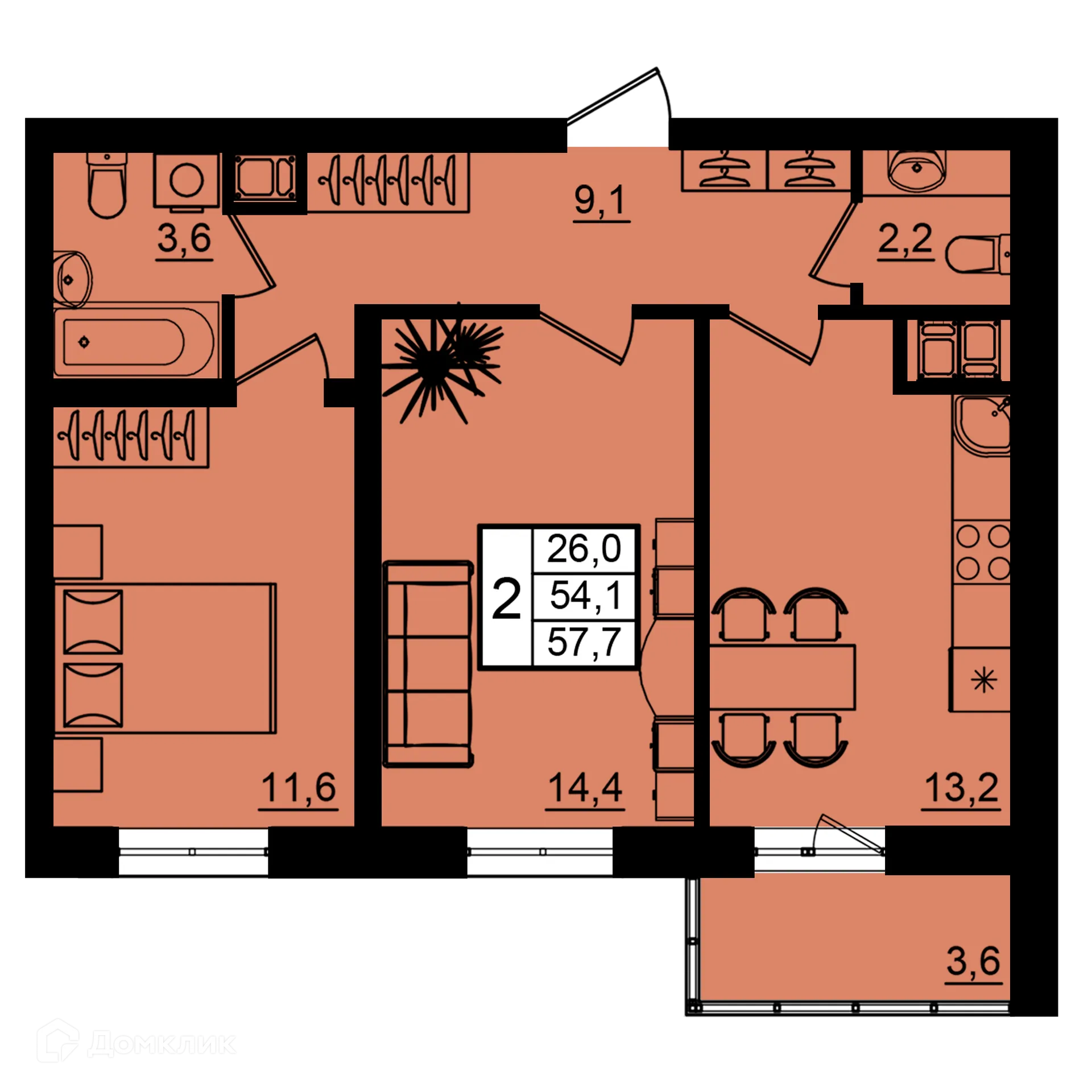 Планировка 2-комнатной квартиры 57.7 м² в ЖК Рубин, г. Волгоград — фото 1