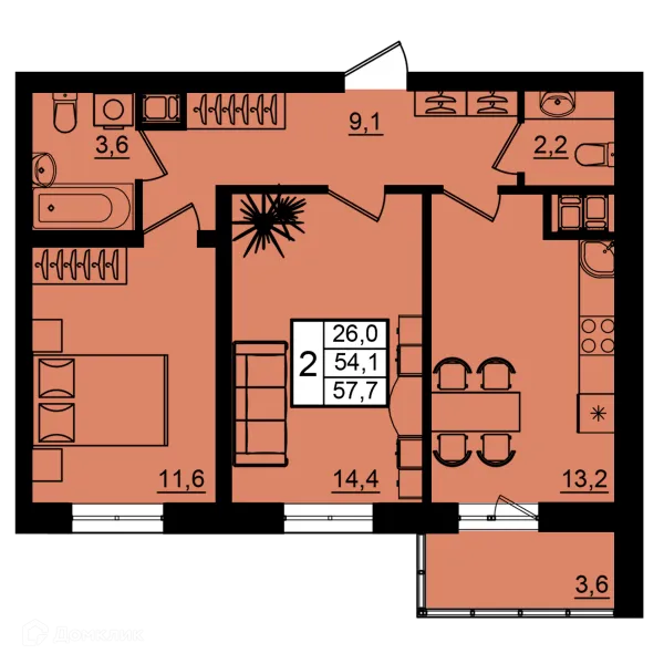 Планировка 2 комн. в ЖК Рубин