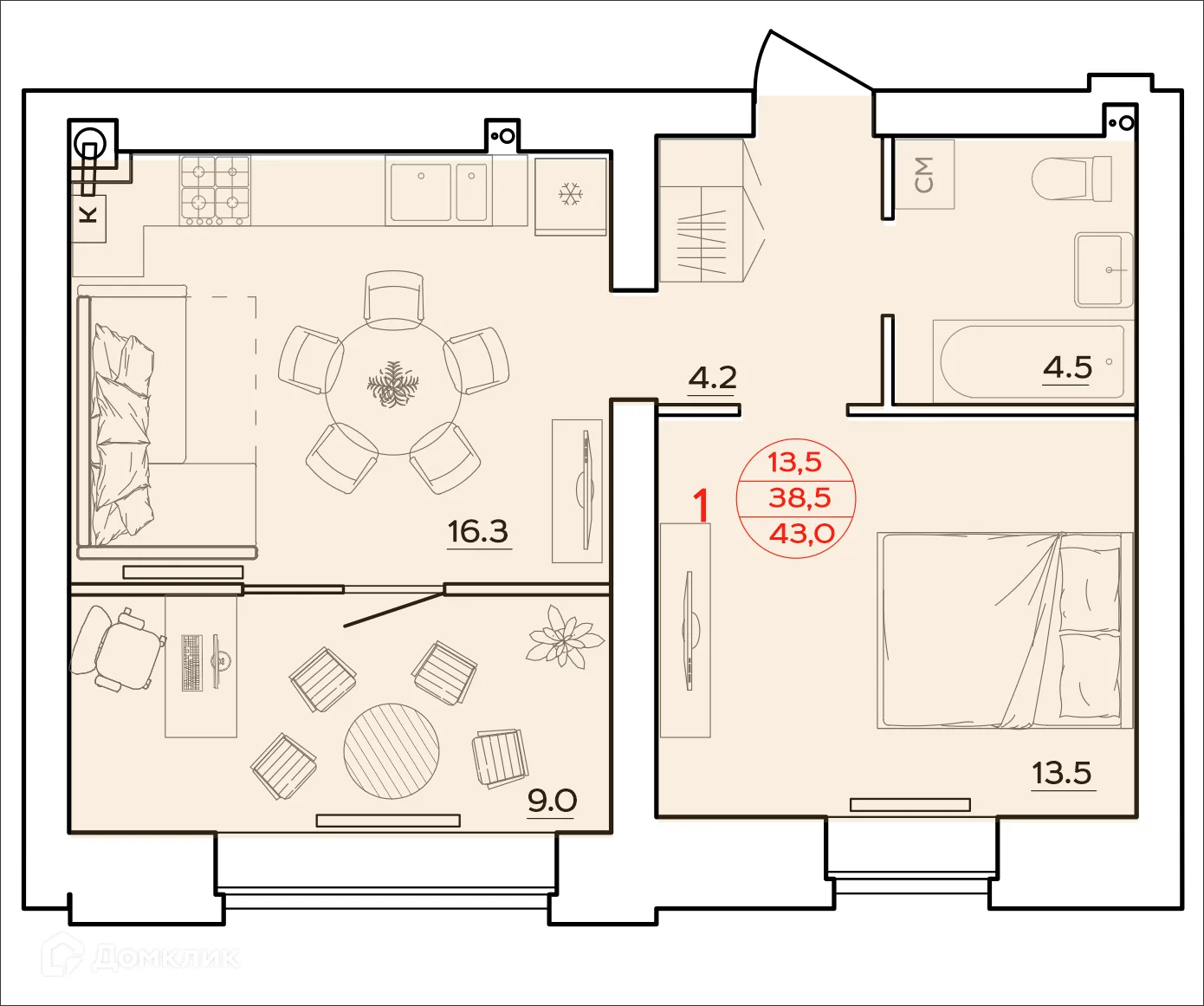 Планировка 1-комнатной квартиры 43 м² в ЖК Времена Года, г. Волгоград — фото 1