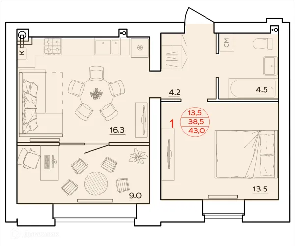 Планировка 1 комн. в ЖК Времена Года
