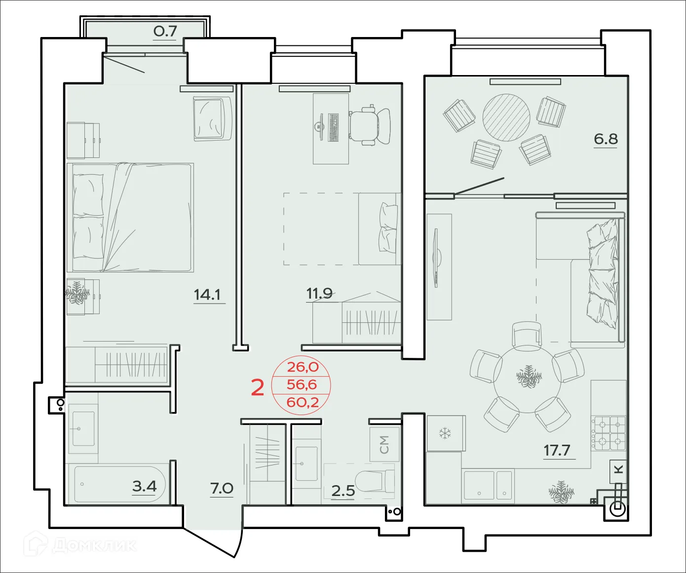 Планировка 2-комнатной квартиры 60.2 м² в ЖК Времена Года, г. Волгоград — фото 1