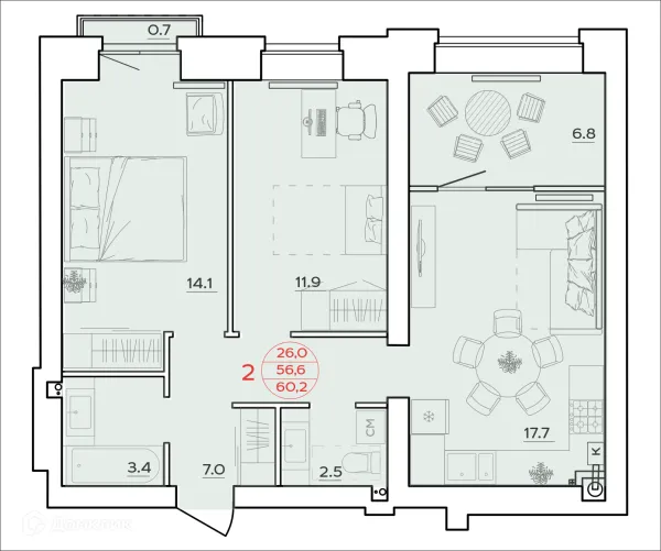 Планировка 2 комн. в ЖК Времена Года