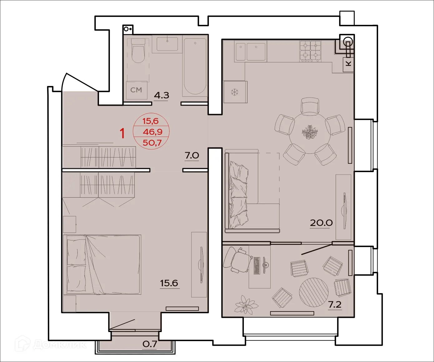 Планировка 1-комнатной квартиры 50.7 м² в ЖК Времена Года, г. Волгоград — фото 1