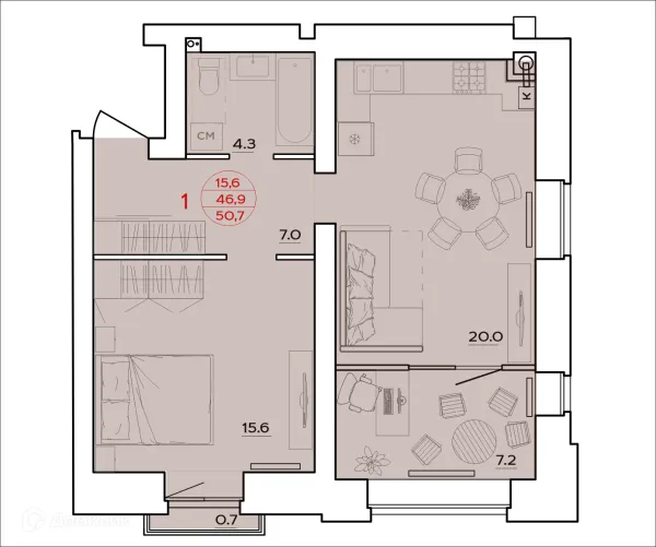 Планировка 1 комн. в ЖК Времена Года
