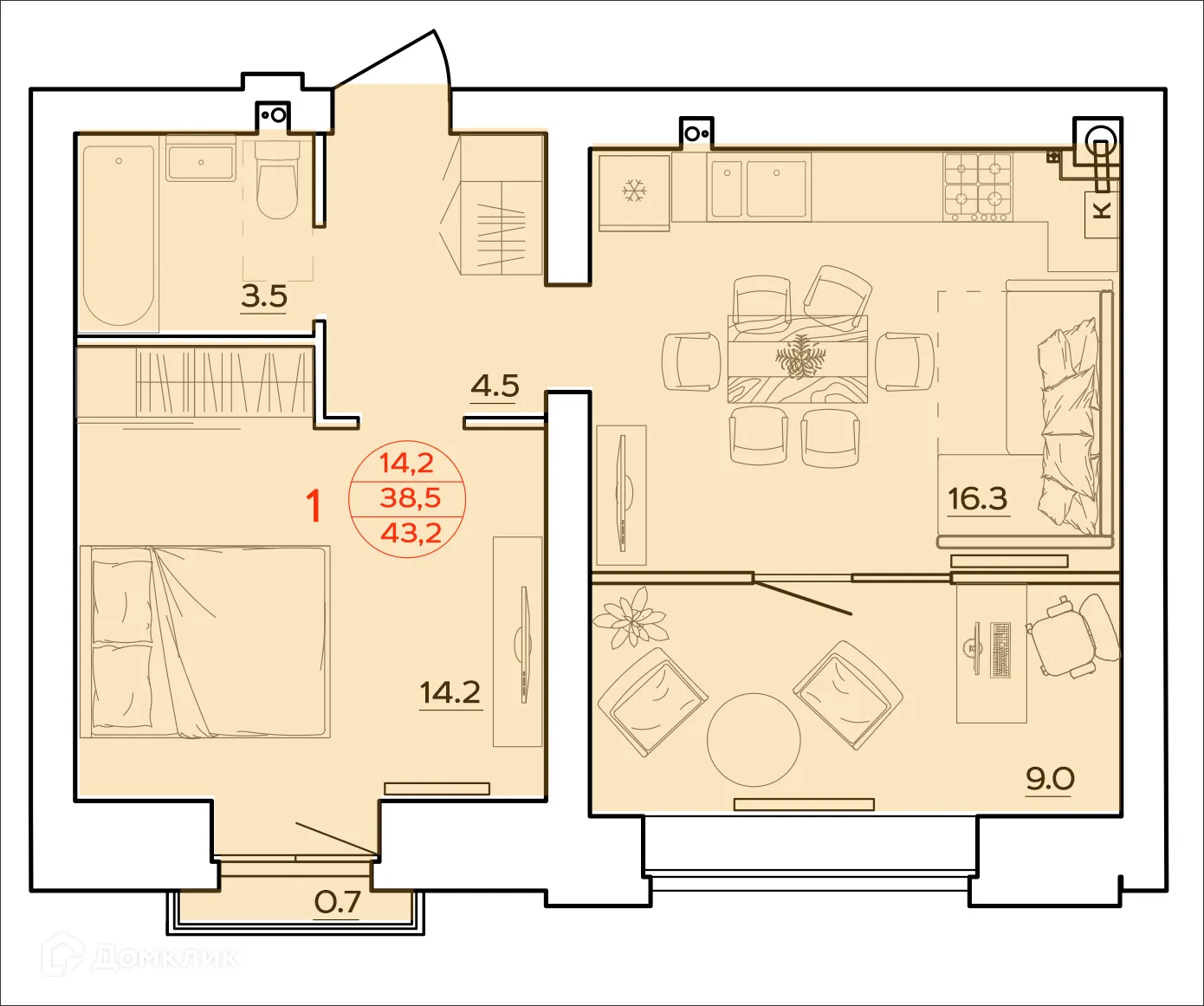 Планировка 1-комнатной квартиры 43.2 м² в ЖК Времена Года, г. Волгоград — фото 1