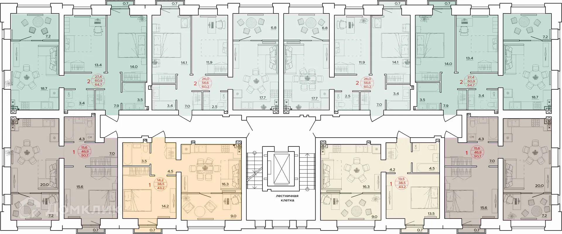 Планировка 1-комнатной квартиры 43.2 м² в ЖК Времена Года, г. Волгоград — фото 2
