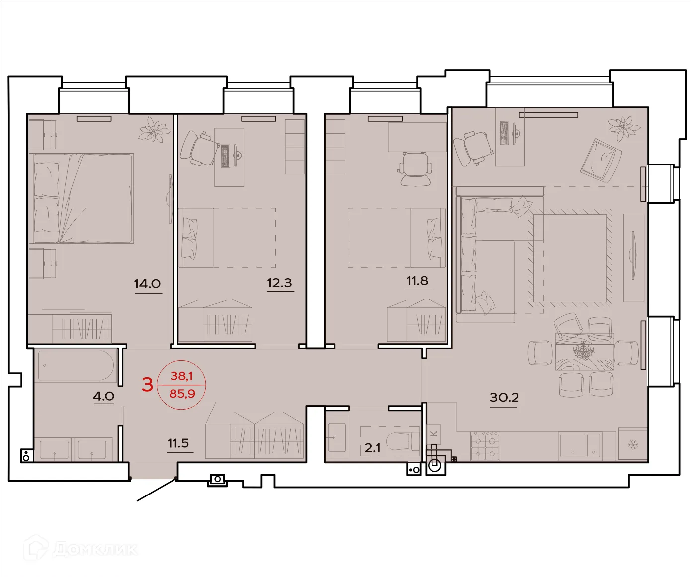 Планировка 3-комнатной квартиры 85.9 м² в ЖК Времена Года, г. Волгоград — фото 1