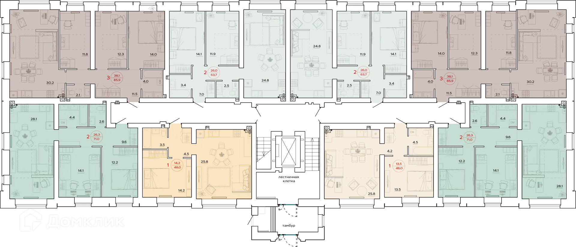 Планировка 3-комнатной квартиры 85.9 м² в ЖК Времена Года, г. Волгоград — фото 2