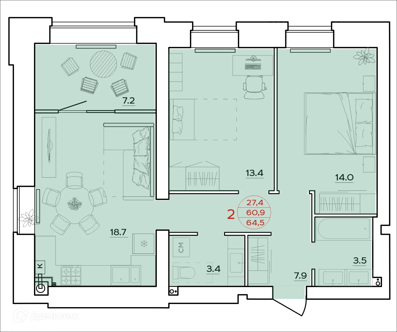 Планировка 2-комнатной квартиры 64.5 м² в ЖК Времена Года, г. Волгоград — фото 1