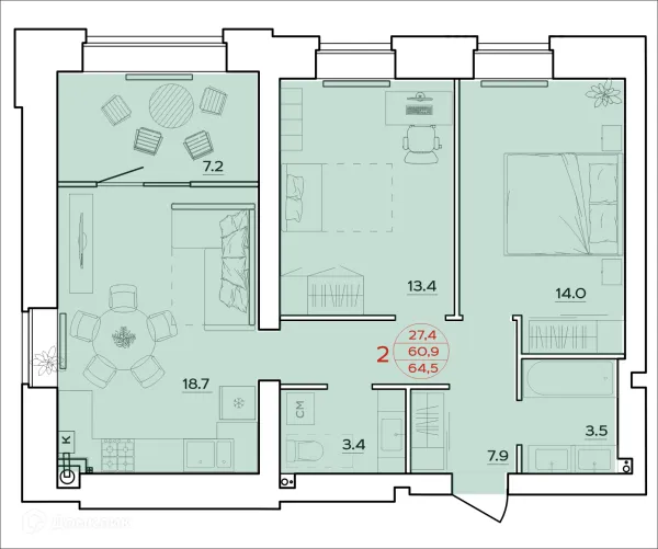 Планировка 2 комн. в ЖК Времена Года
