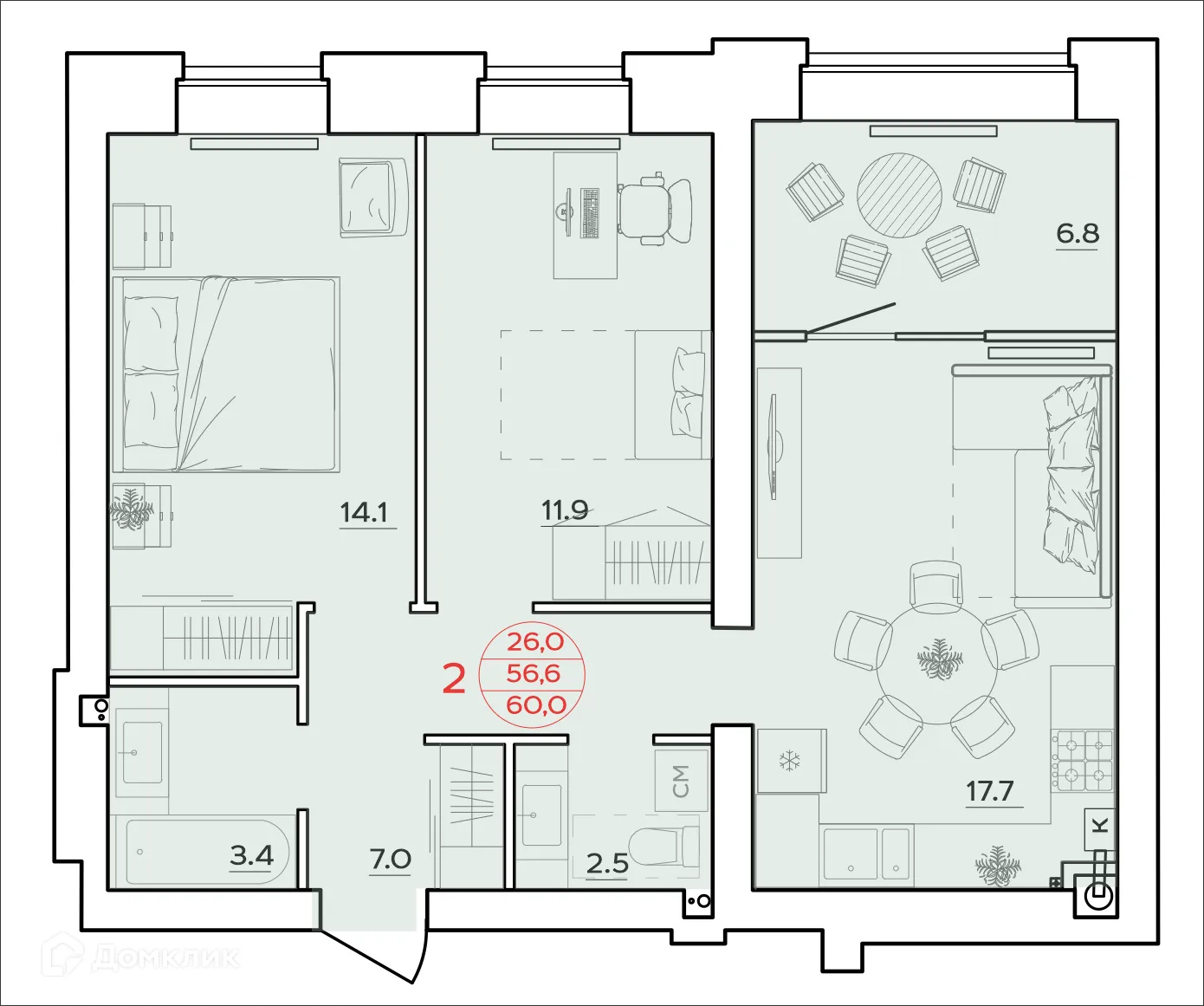 Планировка 2-комнатной квартиры 60 м² в ЖК Времена Года, г. Волгоград — фото 1