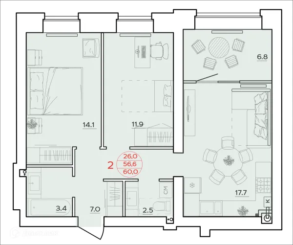 Планировка 2 комн. в ЖК Времена Года