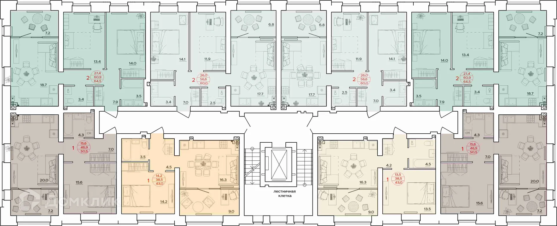Планировка 2-комнатной квартиры 60 м² в ЖК Времена Года, г. Волгоград — фото 2