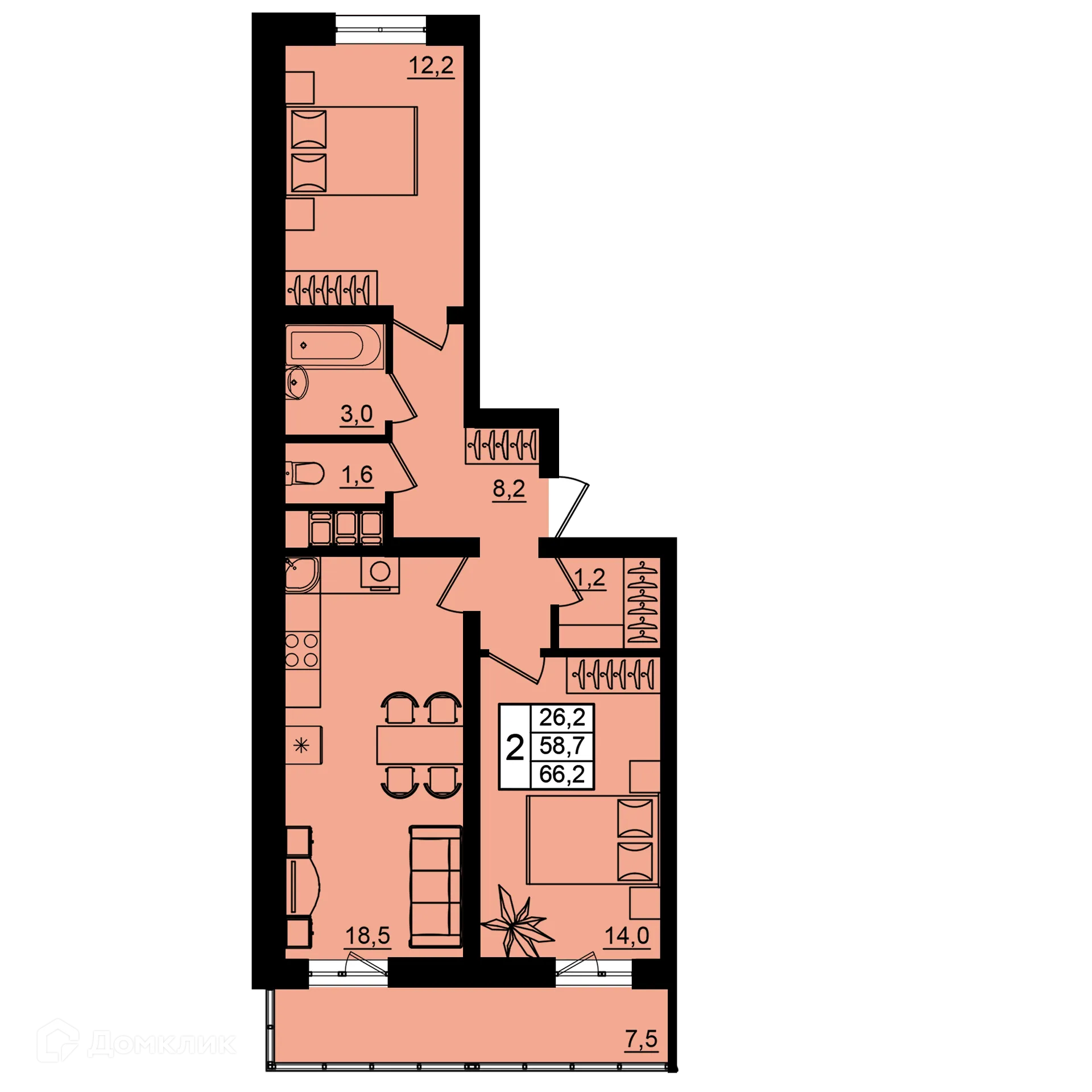 Планировка 2-комнатной квартиры 66.2 м² в ЖК Рубин, г. Волгоград — фото 1