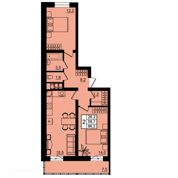 Планировка 2 комн. в ЖК Рубин