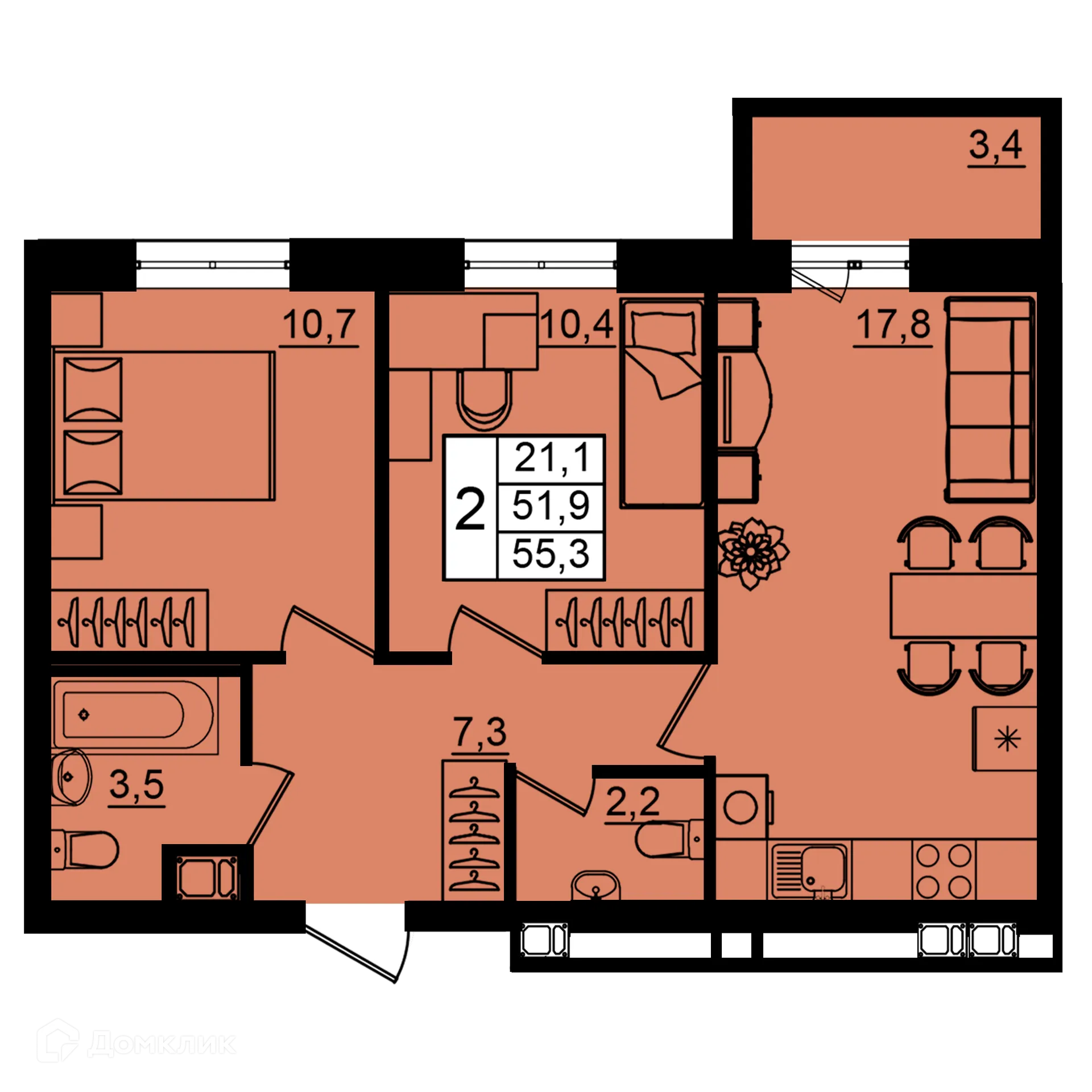 Планировка 2-комнатной квартиры 55.3 м² в ЖК Рубин, г. Волгоград — фото 1