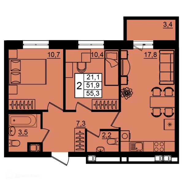 Планировка 2 комн. в ЖК Рубин