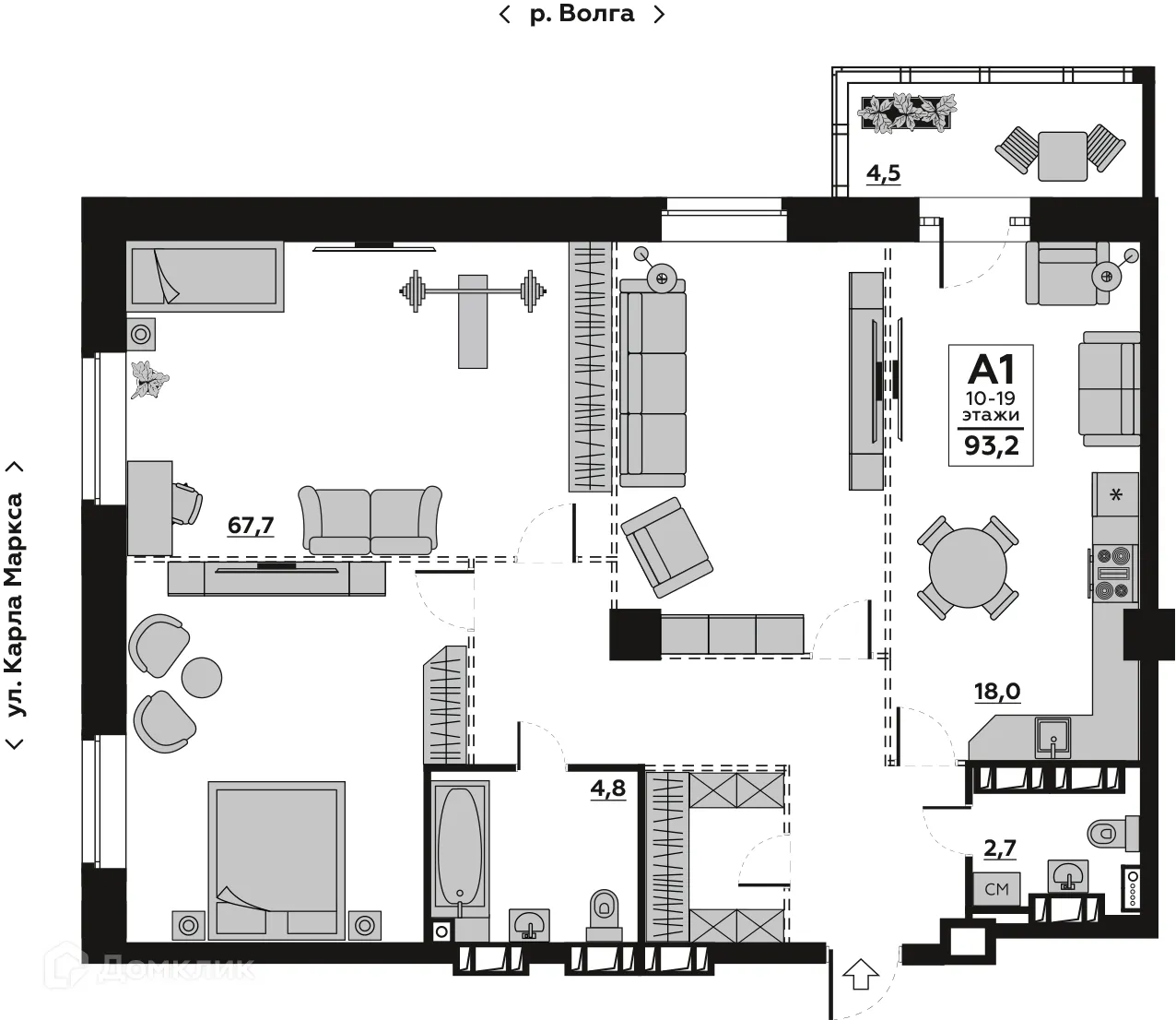 Планировка 1-комнатной квартиры 93.22 м² в ЖК Волго-Дон, г. Волгоград — фото 2