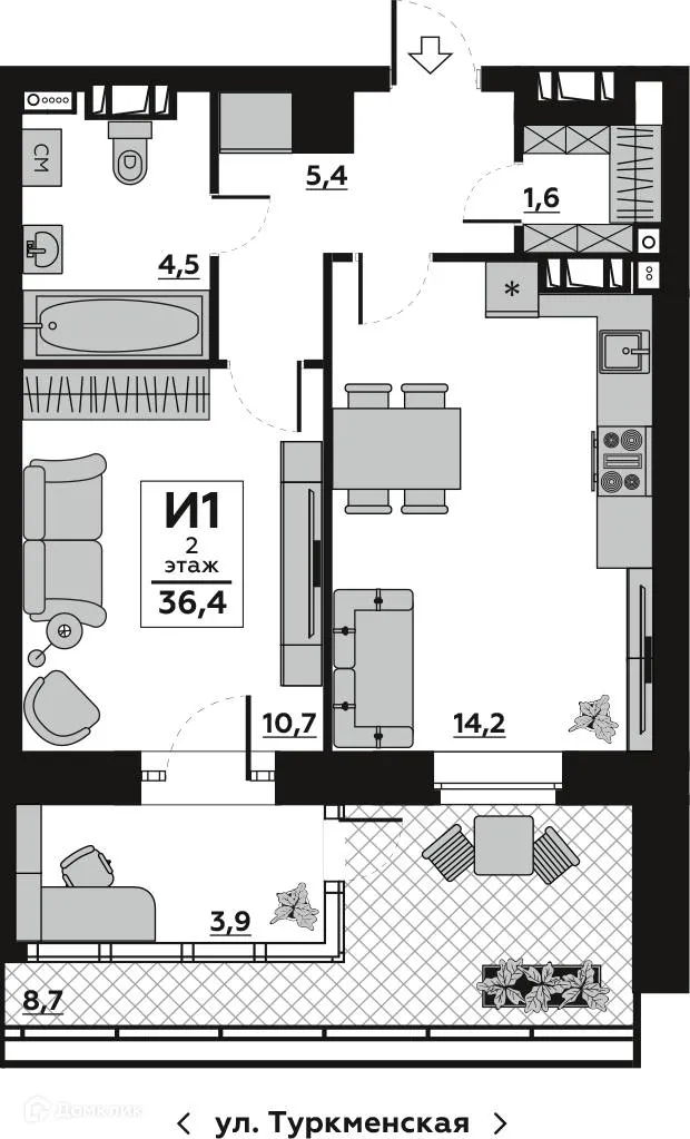 Планировка 1-комнатной квартиры 36.45 м² в ЖК Волго-Дон, г. Волгоград — фото 2