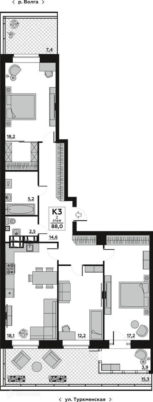 Планировка 3-комнатной квартиры 88.08 м² в ЖК Волго-Дон, г. Волгоград — фото 2