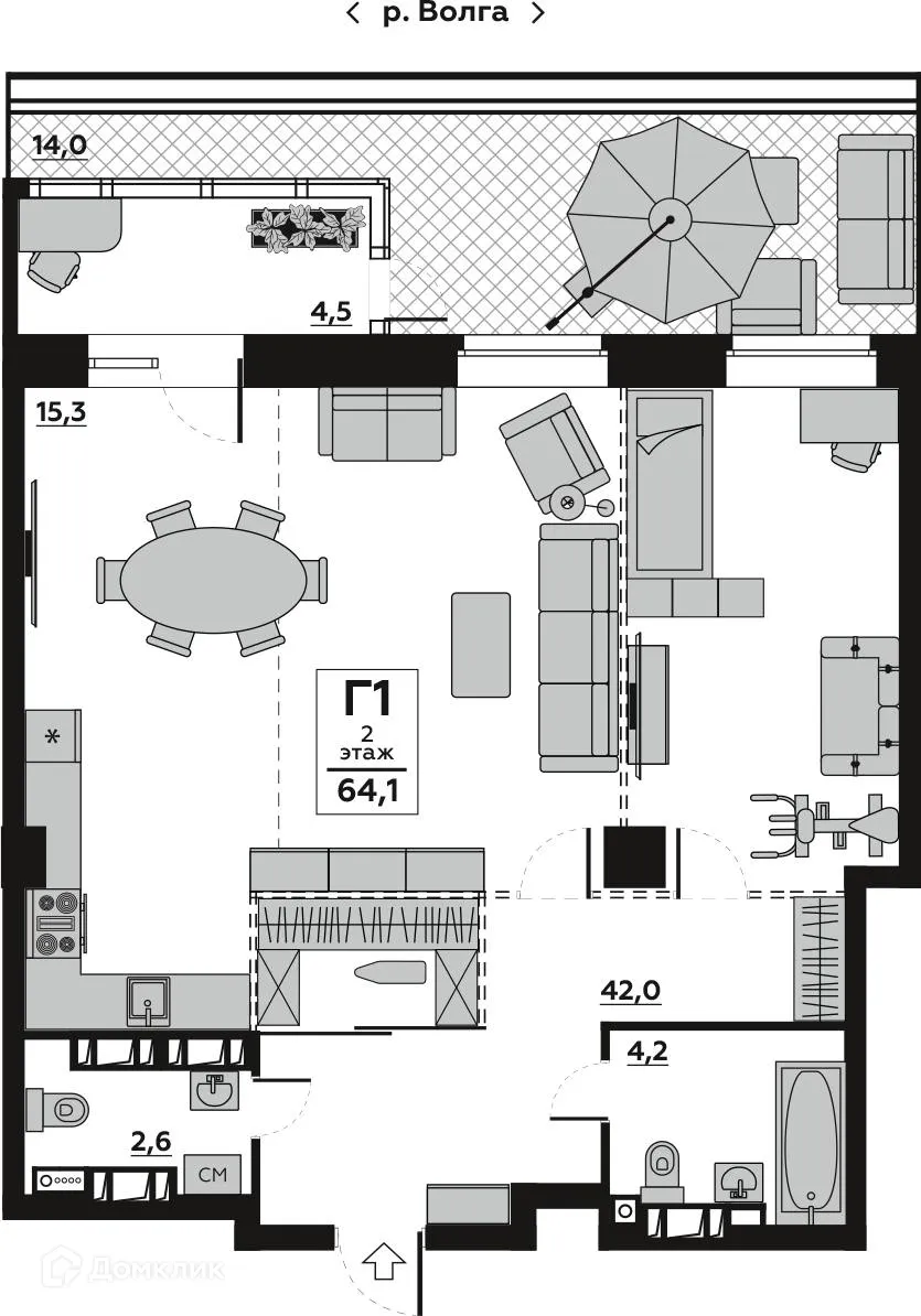 Планировка 1-комнатной квартиры 64.4 м² в ЖК Волго-Дон, г. Волгоград — фото 2