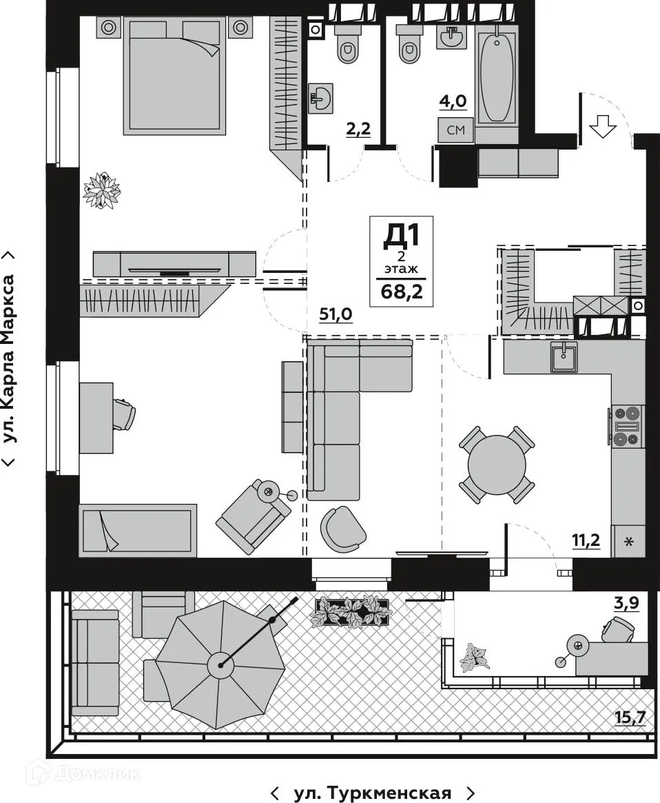 Планировка 1-комнатной квартиры 68.26 м² в ЖК Волго-Дон, г. Волгоград — фото 2