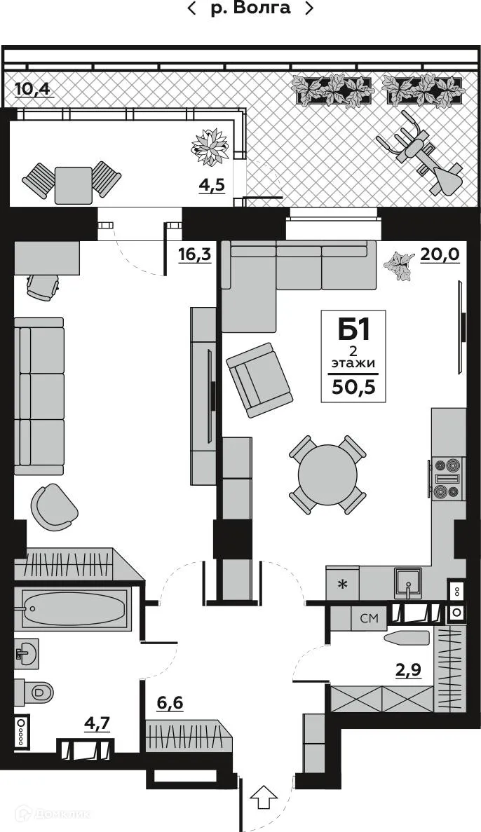 Планировка 1-комнатной квартиры 50.46 м² в ЖК Волго-Дон, г. Волгоград — фото 2