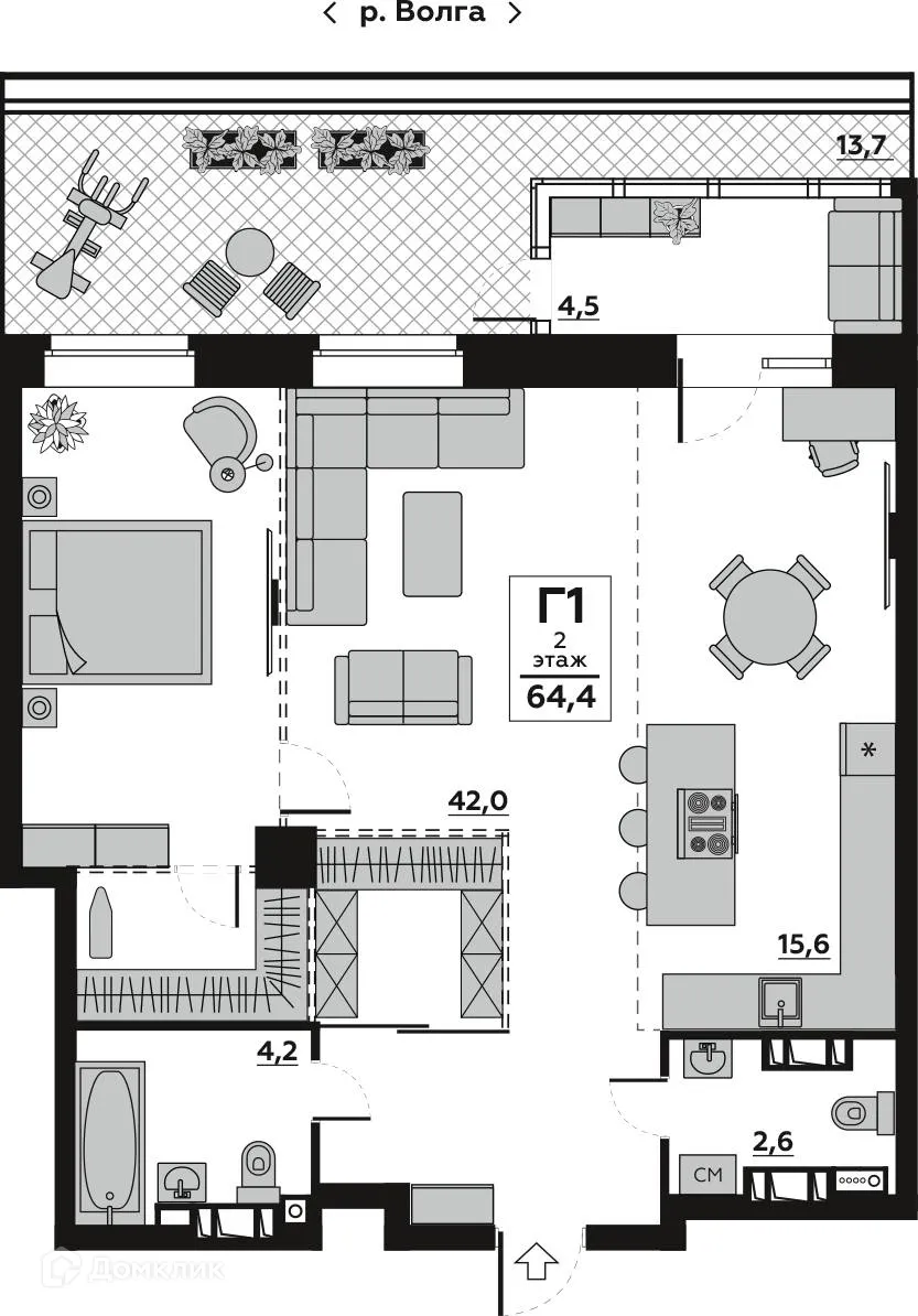 Планировка 1-комнатной квартиры 64.17 м² в ЖК Волго-Дон, г. Волгоград — фото 2