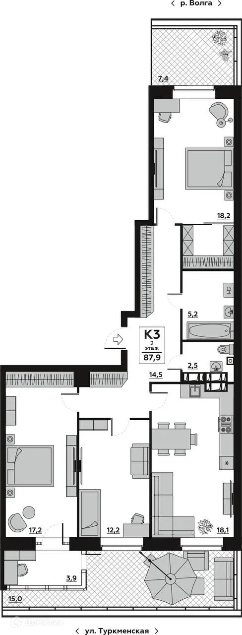 Планировка 3-комнатной квартиры 87.96 м² в ЖК Волго-Дон, г. Волгоград — фото 2