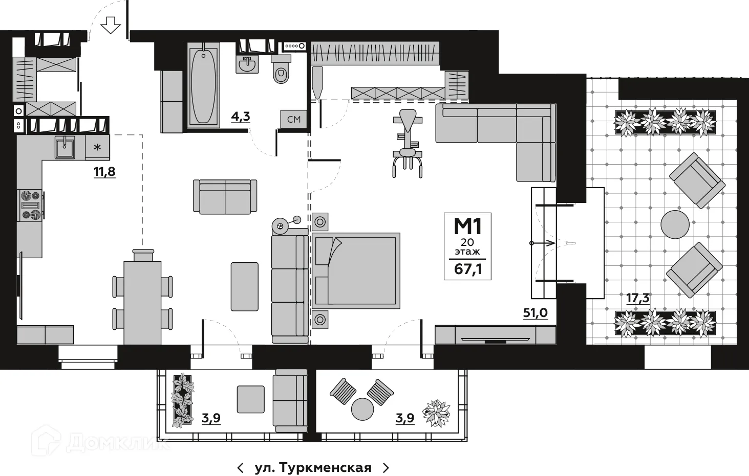 Планировка 1-комнатной квартиры 67.28 м² в ЖК Волго-Дон, г. Волгоград — фото 1
