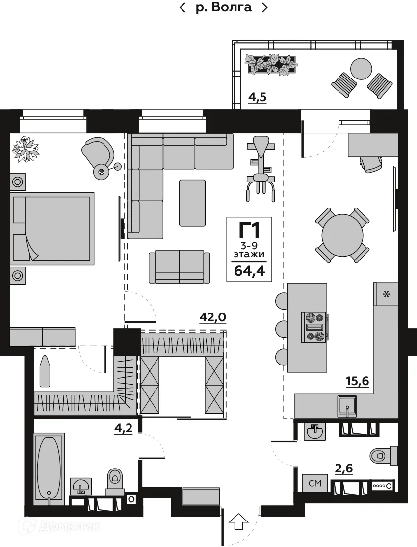 Планировка 1-комнатной квартиры 64.16 м² в ЖК Волго-Дон, г. Волгоград — фото 1