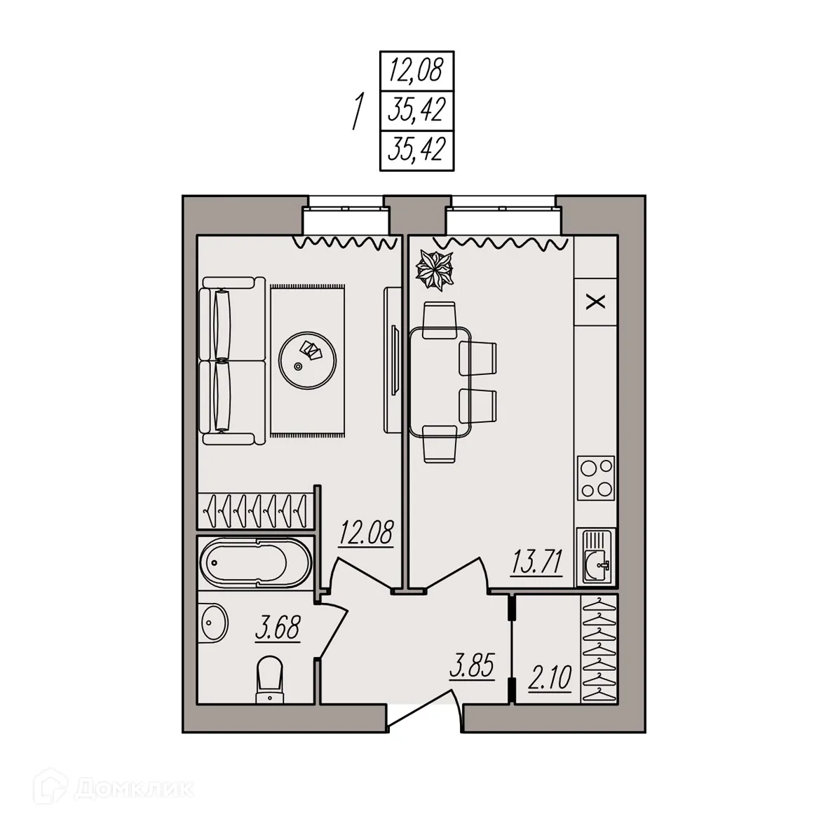 Планировка 1-комнатной квартиры 35.42 м² в ЖК Герои, г. Волгоград — фото 1
